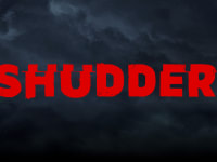The red Shudder logo is centered against a dark, smoky backdrop.