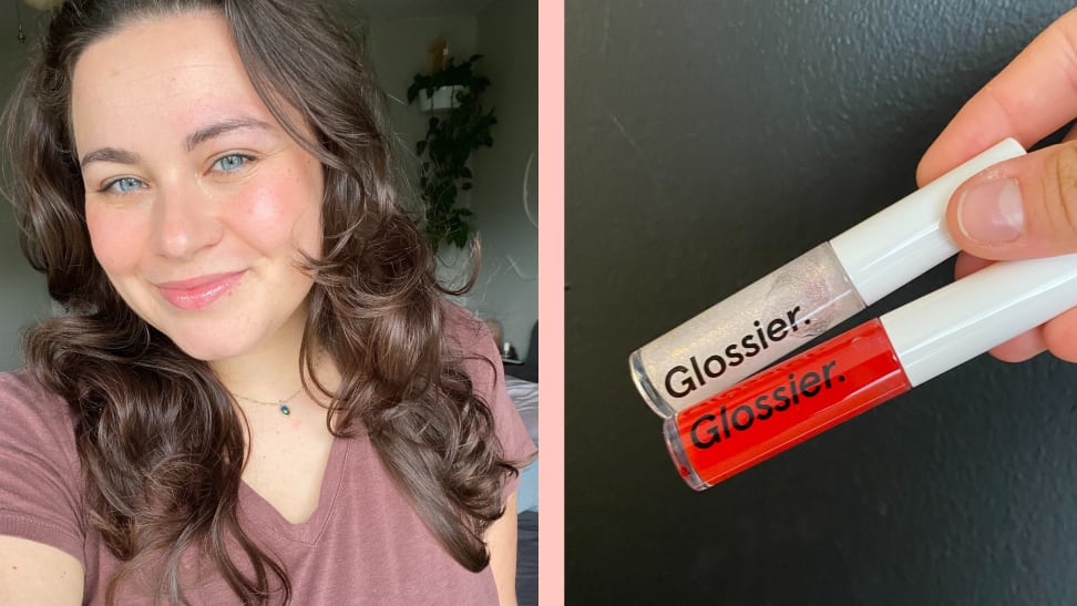 author wearing lip gloss and photo of lip gloss in red and clear