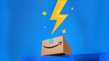 Blue background with yellow lightning bolt hitting a box