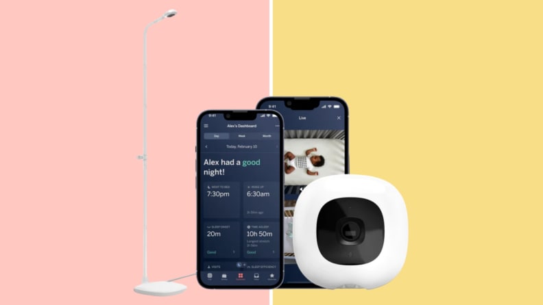 The Nanit Pro Camera with a phone app in front of a background.