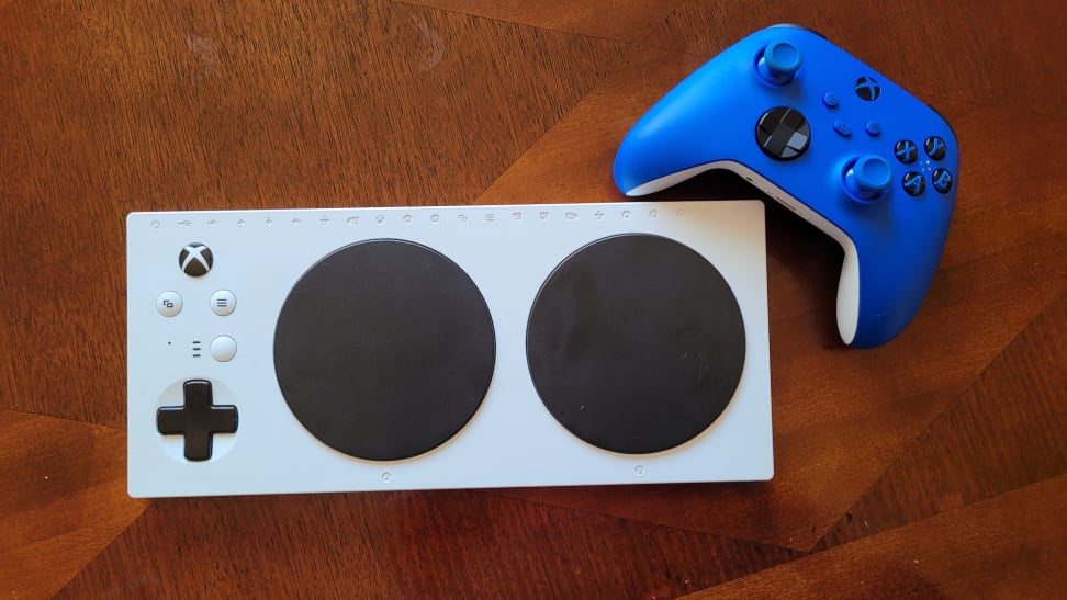 Adaptive Controller next to blue Xbox controller