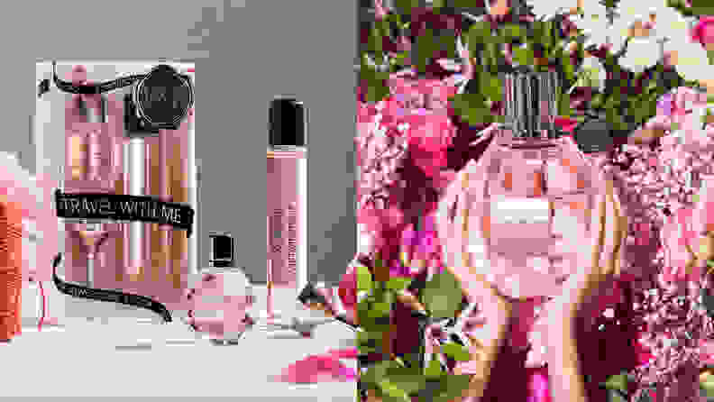 On the left: A kit of mini perfumes from Viktor & Rolf. On the right: The Viktor & Rolf pink perfume held by hands with flowers in the background.