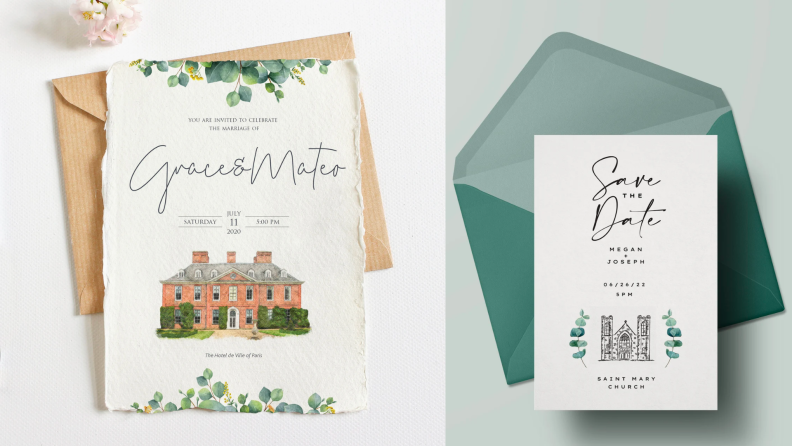 Two images of watercolor wedding invitations.
