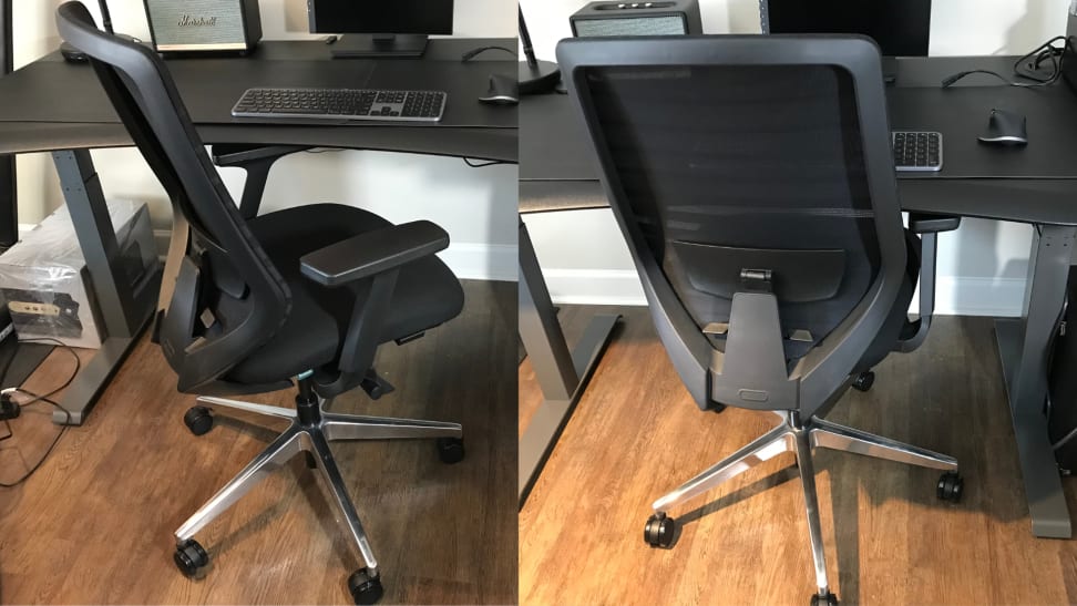 A side by side image of the Branch Ergonomic Chair at a desk