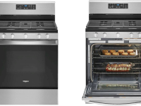 On the left, the Whirlpool WFG535S0JS gas range with its oven door closed; on the right, the Whirlpool WFG535S0JS with its oven door open and there's some bread and food on the two racks.