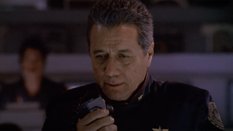 Edward James Olmos as Commander William Adama in Battlestar Galactica.