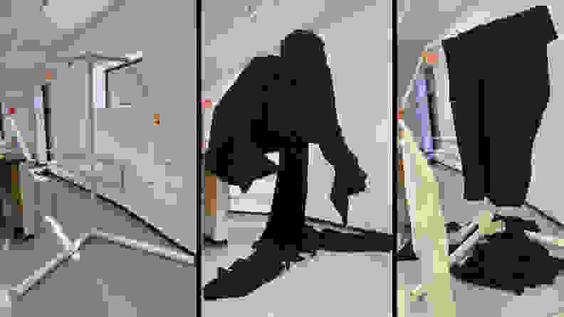 Three images side by side. The first is a PVC structure of a figure with outstretched arms. The second image is that same figure draped with cloth and with a chicken wire head beneath a hood. The final image shows the previous image fallen apart all over the lab and I feel really sad just looking at it even though this happened weeks ago.