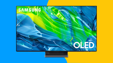 A Samsung OLED TV against a blue and yellow background.