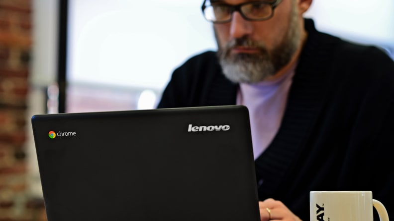 A photo of the Lenovo 100S Chromebook in use.