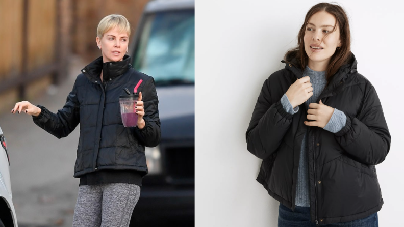 Charlize Theron and a model are photographed wearing the same Madewell packable puffer jacket.