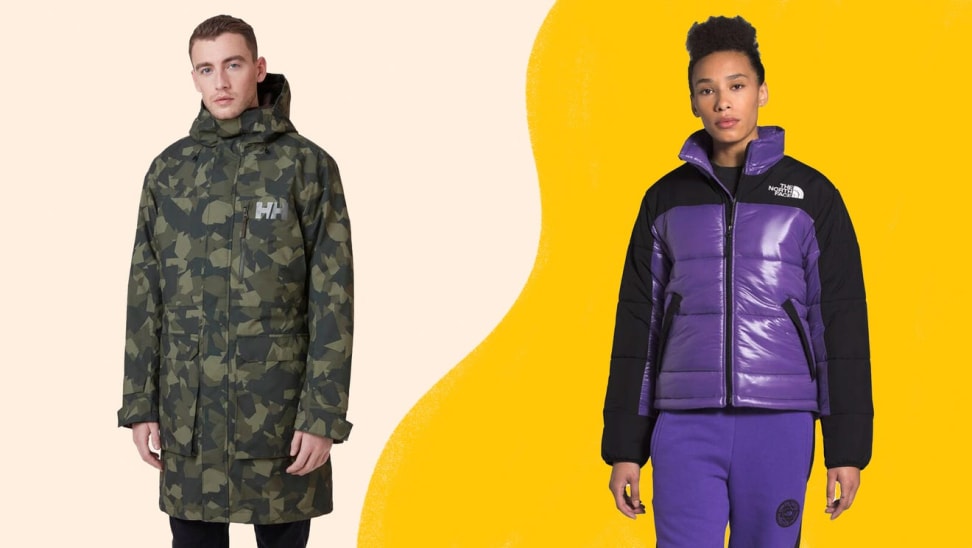 On right, person wearing army green camouflage printed long length jacket in front of tan background. On right, person wearing black and purple The North Face puffer jacket in front of yellow background.