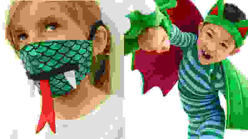 A dragon mask with a tongue and a child with a dragon costume.