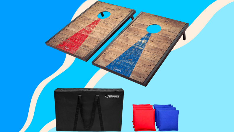 A cornhole outdoor game set against a blue background.