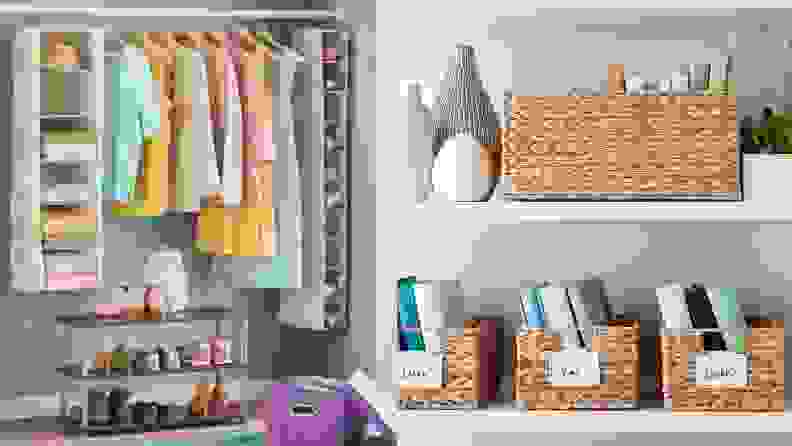 A side-by-side shot of a colorful and organized closet next to a well-organized kitchen.