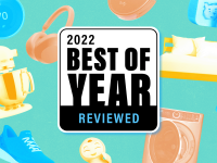 Label reading "2022 Best of Year Reviewed" on top of a collage of products