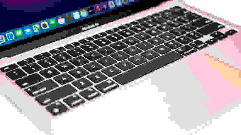 The keyboard of a MacBook Air laptop: smooth, flat black keys.