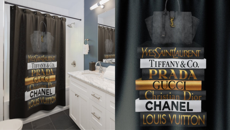 A black shower curtain featuring the names of several famous designers.