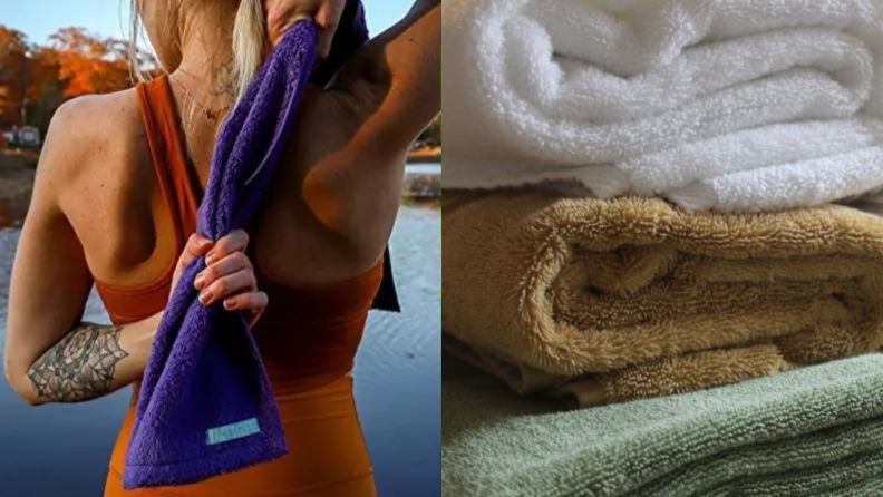 a person holding a workout towel behind their back, and a stack of bath towels.