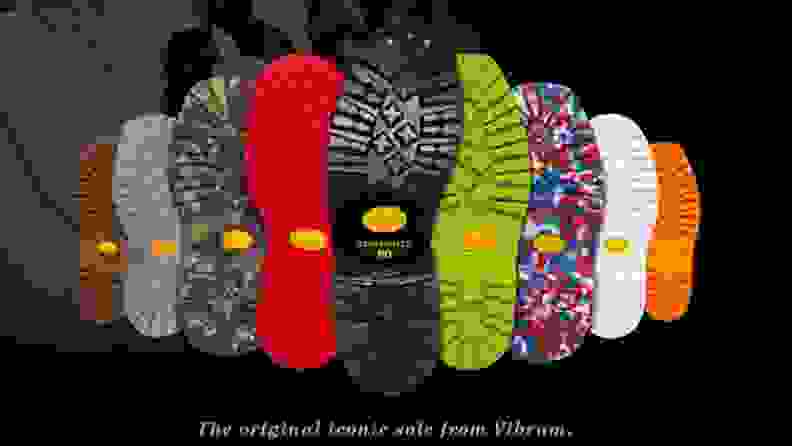 A colorful collection of Vibram Carrarmato outsoles, part of the company's 80 year celebration of the original Vibram sole.