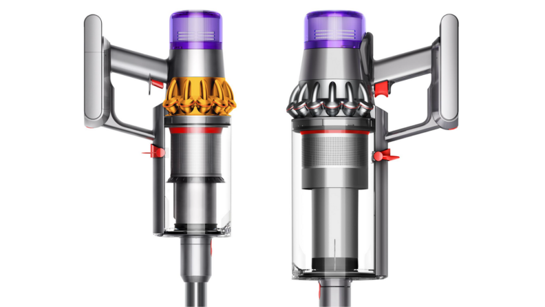 A regular Dyson handheld canister next to the canister for the Dyson Outsize.
