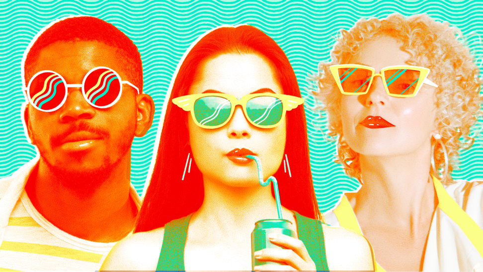 Image of a man and two women wearing colorful sunglasses. The central figure is drinking a soda.