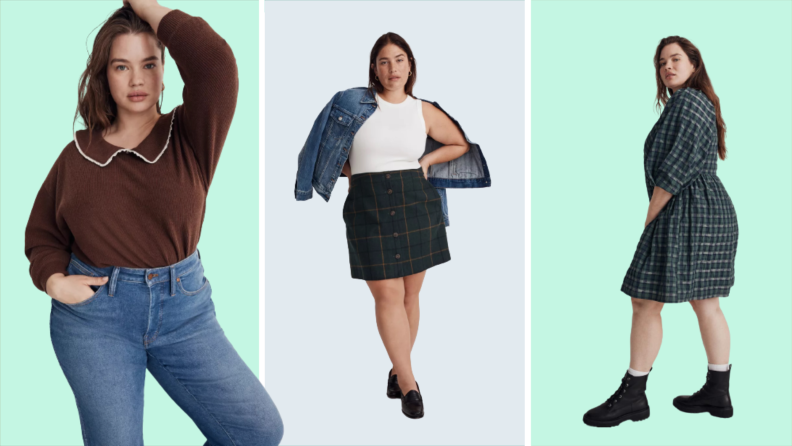 Collage of three plus size options: a brown blouse, a leather skirt, and a plaid dress.
