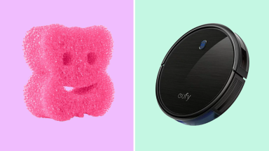 A colorful collage with a Scrub Daddy sponge and a Eufy robot vacuum.