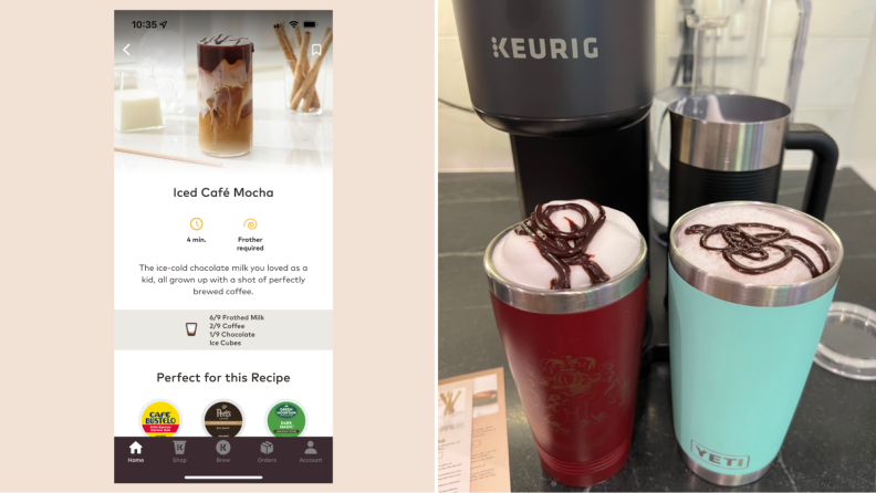Collage of a screenshot of the app featuring a recipe and two insulated mugs of prepared coffee with chocolate syrup topping.