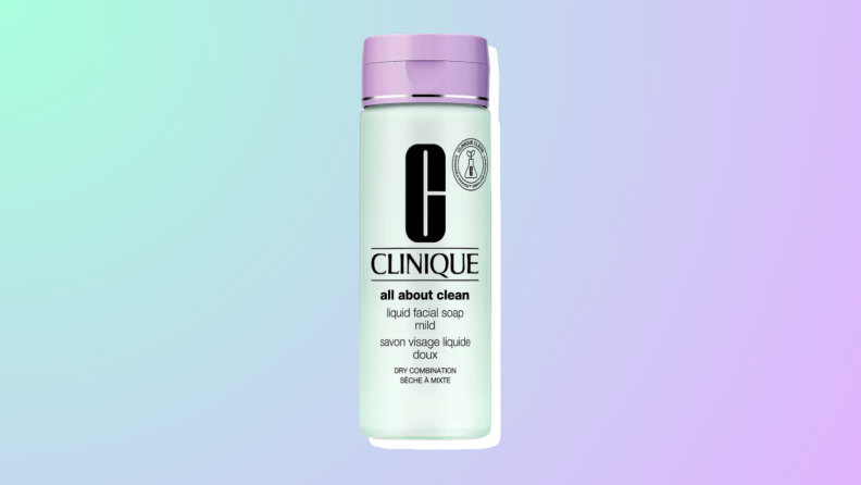 Clinique All About Clean Liquid Facial Soap face wash against a blue, green, and purple background.