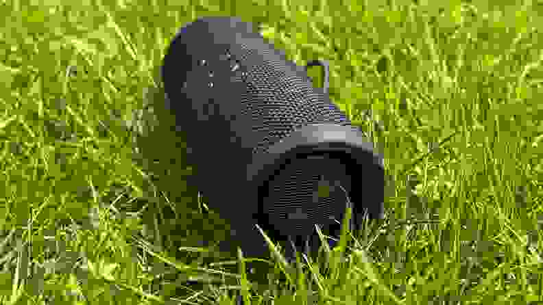 A black, cylindrical Bluetooth speaker sits in the grass with its passive radiator facing outward.