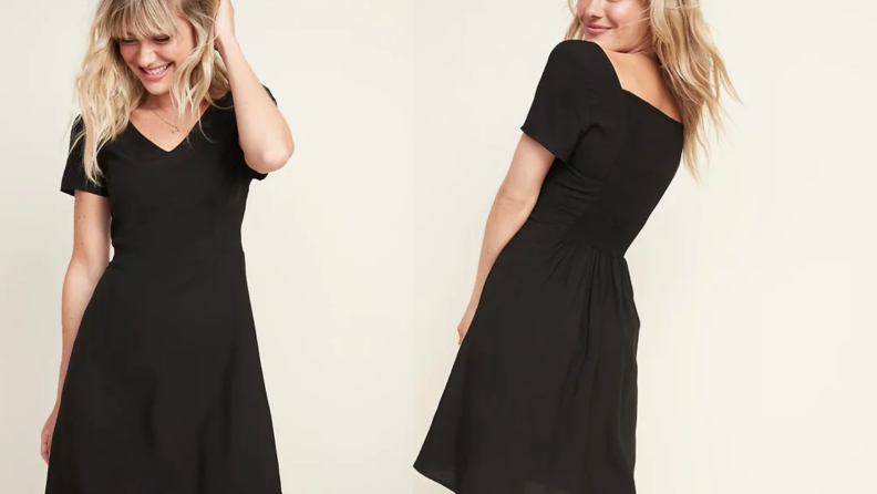 An image of a woman wearing a short-sleeved black dress seen from two different angles.
