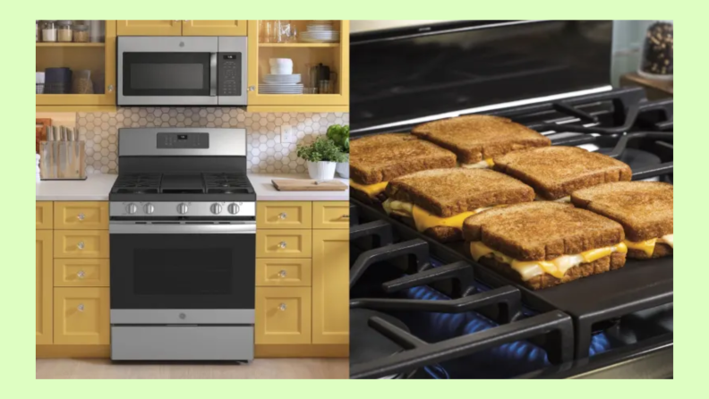 Two images of a stainless steel oven in a kitchen. Grilled cheese sandwiches grill on a stovetop.