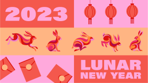 Pink, gold, and red images of rabbits, lanterns, and envelopes.