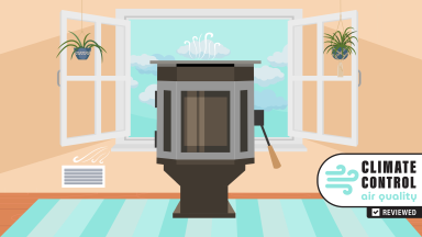 Illustration of a home with an air purifier in the middle of a room.