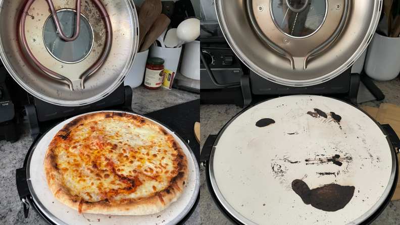 A shot of a pizza prepared in the oven and another of some burn marks inside the oven's surface.