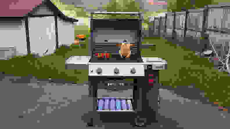 The Weber Genesis II E-310 open, revealing chicken and vegetables grilling, in a backyard setting