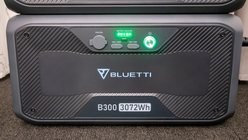 The lower B300 battery is shown on the Bluetti AC300+B300 home battery backup.