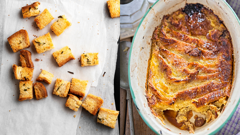 On left, bread croutons scattered on a surface. On right, bread pudding in a pan.
