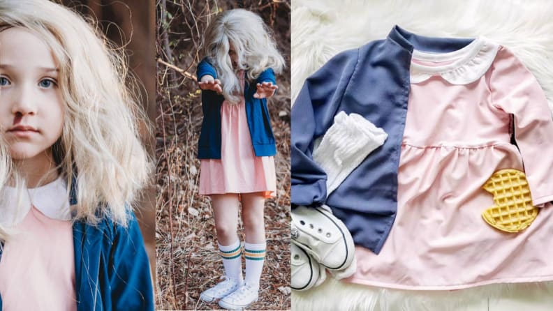 Child dressed in Eleven from Stranger Things Halloween costume