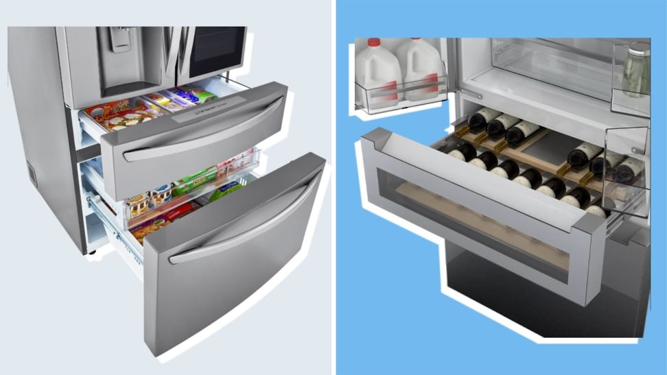 On left, stainless steel LG LRMVS3006S with stacked double freezer drawers opened to display assorted frozen foods inside on top of pale blue background. On right, several bottles of red wine stacked inside of the Bosch Refreshment Center within the Bosch B36CL81ENG refrigerator in front of deep blue background.