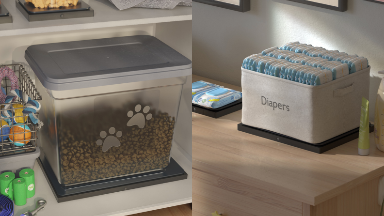 The left image shows a corner full of pet supplies: pet toys, dog poop bags, and an Amazon Dash Smart Scale with a half-full container of what appears to be dog food. On the right, there's a box of diapers on an Amazon Smart Shelf.