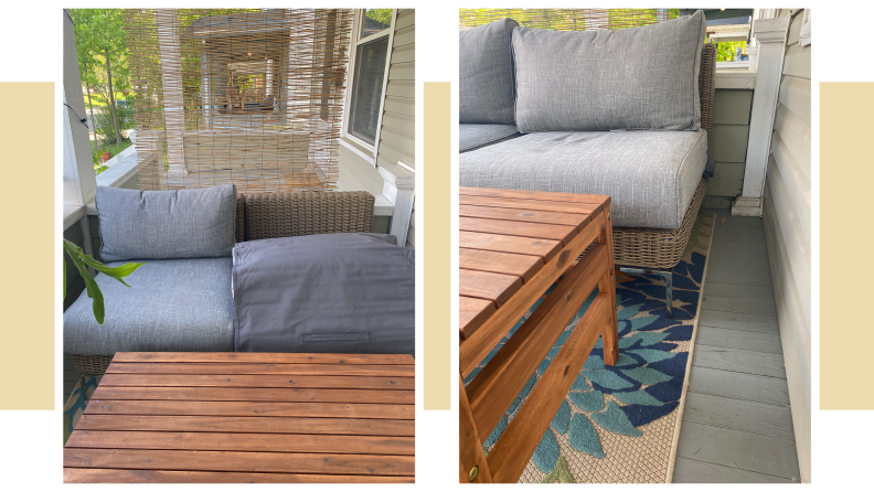 The Outer Furniture in the color grey, outside on a patio, with a yellow background.