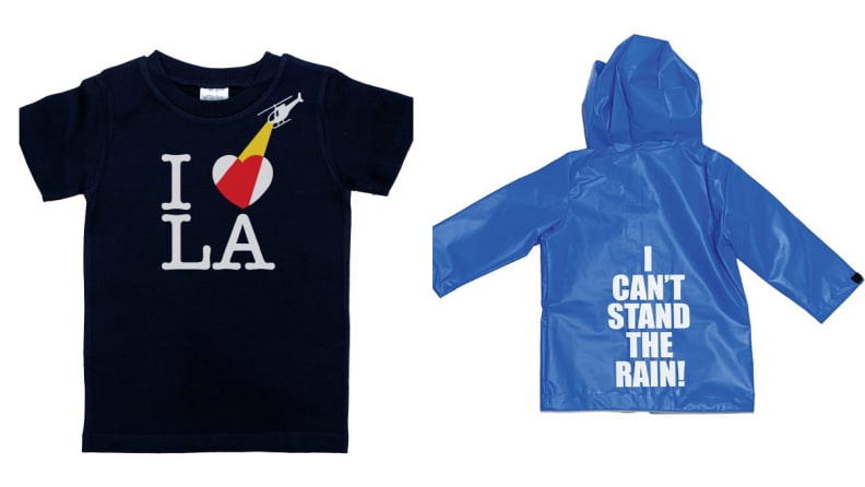 On the left: A black T-shirt that says I heart LA. On the right: A blue rain slicker that says I hate the rain.