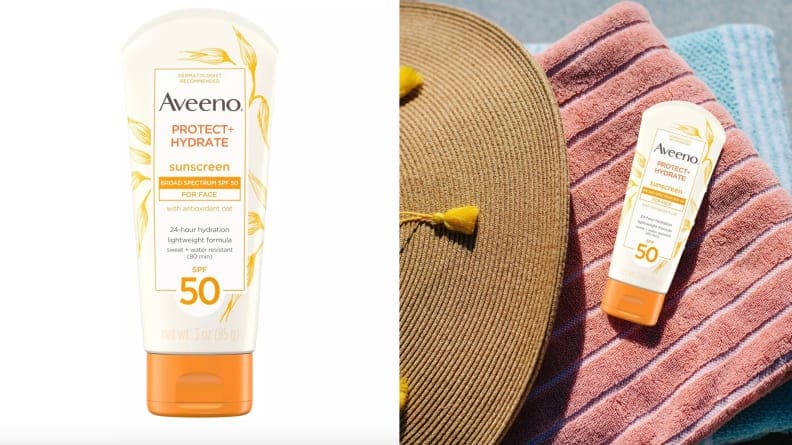 Left: A bottle of Aveeno suncreen is shown against a white backdrop. Right: A bottle of suncreen lies on a town next to a sun hat in a poolside environment.