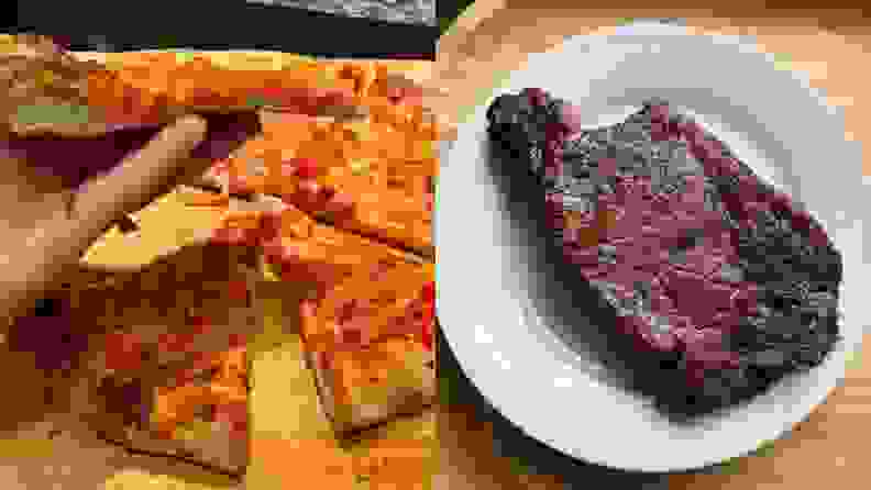 A person holding a slice of cheese pizza, next to a cheese pizza, on the left side of the image and a cooked steak on a white plate on the right side of the image.