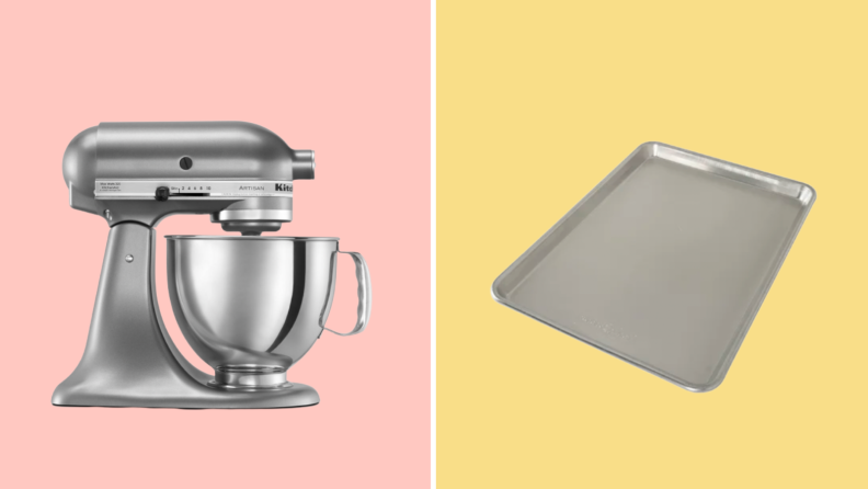 Stand mixer and baking sheet against pink and yellow backgrounds