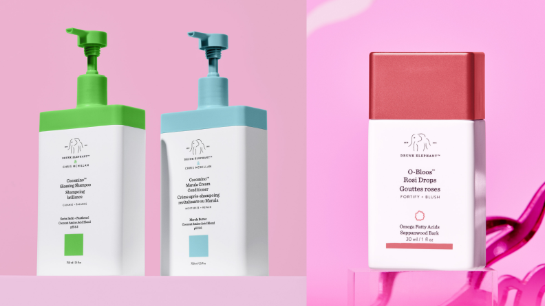 Two photographs of Drunk Elephant cosmetics containers against colorful backgrounds.