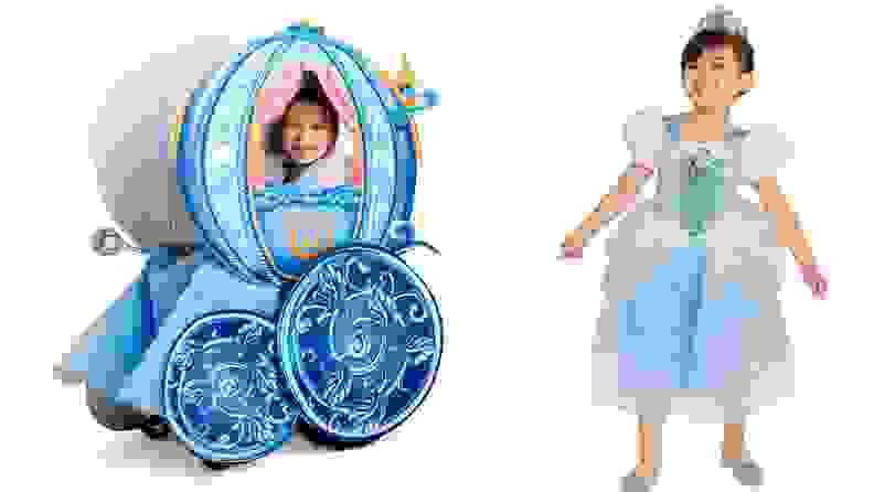 A child in a wheelchair that is made to look like Cinderella's carriage and a standing Cinderella.