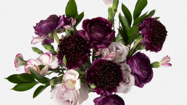 Flower bouquets with purple flowers.