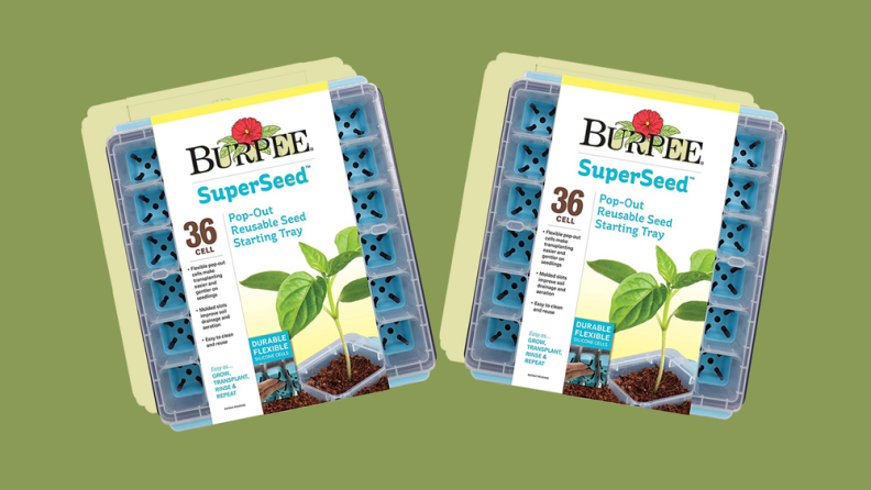 Two Burpee SuperSeed pop-out reusable seed starting trays are arrayed side by side.